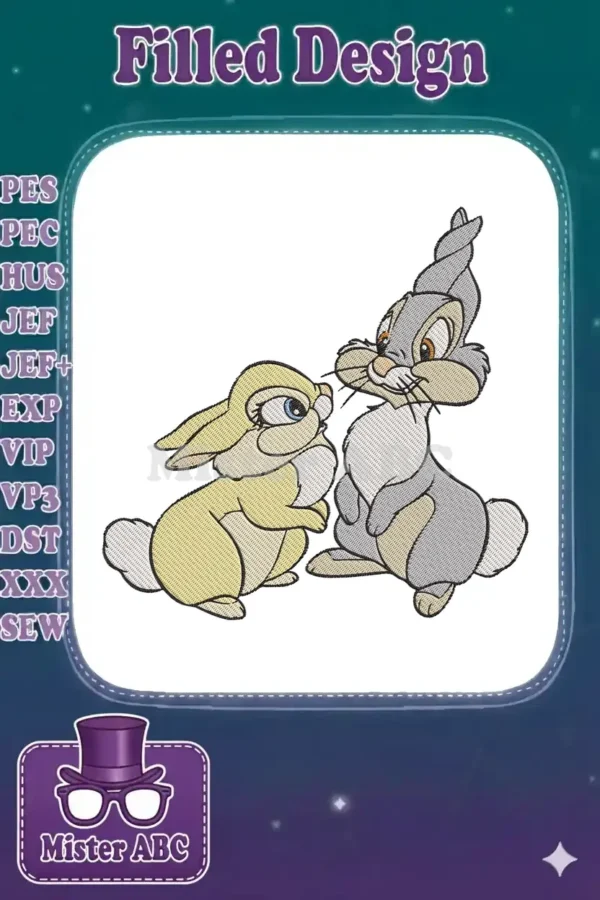 A charming embroidery design featuring Disney's Thumper and Miss Bunny, depicted in a warm interaction with detailed fill stitches.