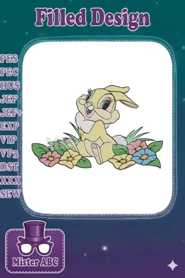 Adorable Thumper embroidery design, a beloved Disney character, sitting cheerfully amidst bright flowers and grass.