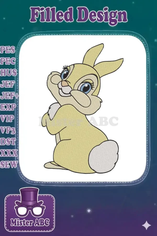 A cheerful, light yellow cartoon bunny with big blue eyes, a white chest, and a fluffy white tail, looking up.