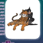Playful Orange Tiger Cuddled by Dark Bat-like Figure Embroidery Designs - Instant Download