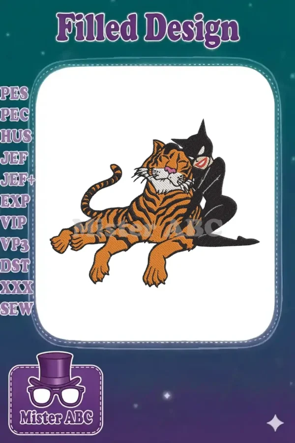 Embroidered design of a majestic orange and black striped tiger lounging with a sleek, black stylized figure.