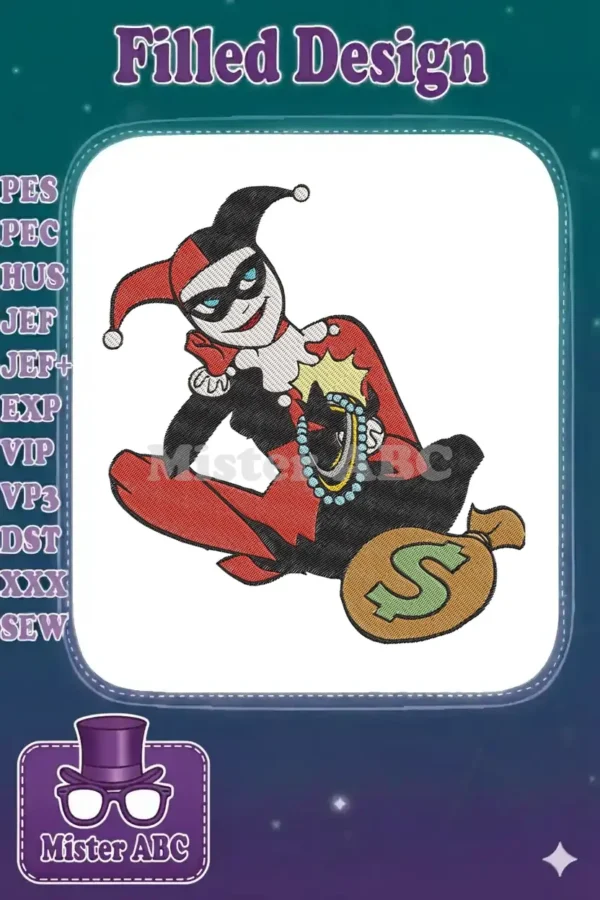 Harley Quinn embroidery design, mischievous jester holding a money bag and a sparkling turquoise necklace.