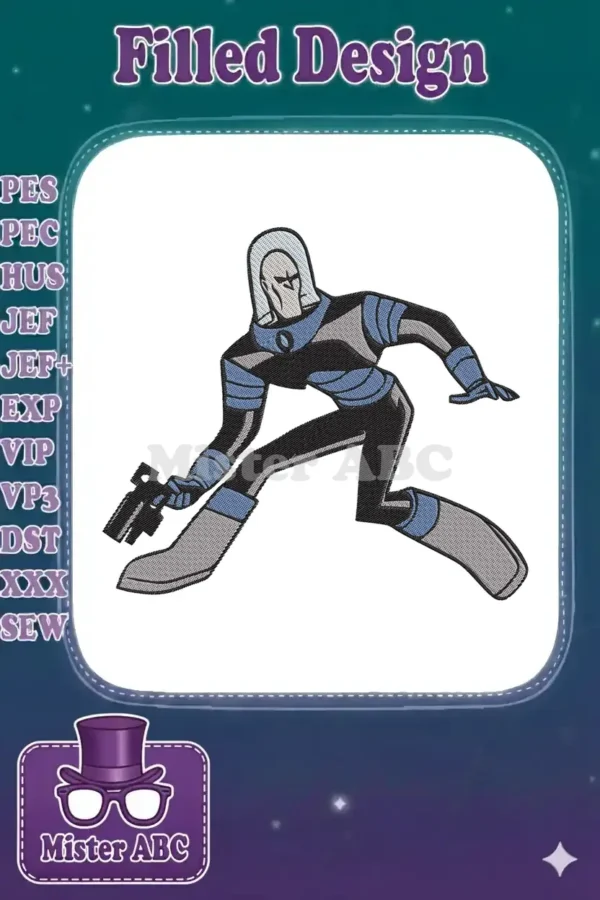 Dynamic Mr. Freeze embroidery design, featuring the iconic Batman villain in a powerful, action-ready pose.