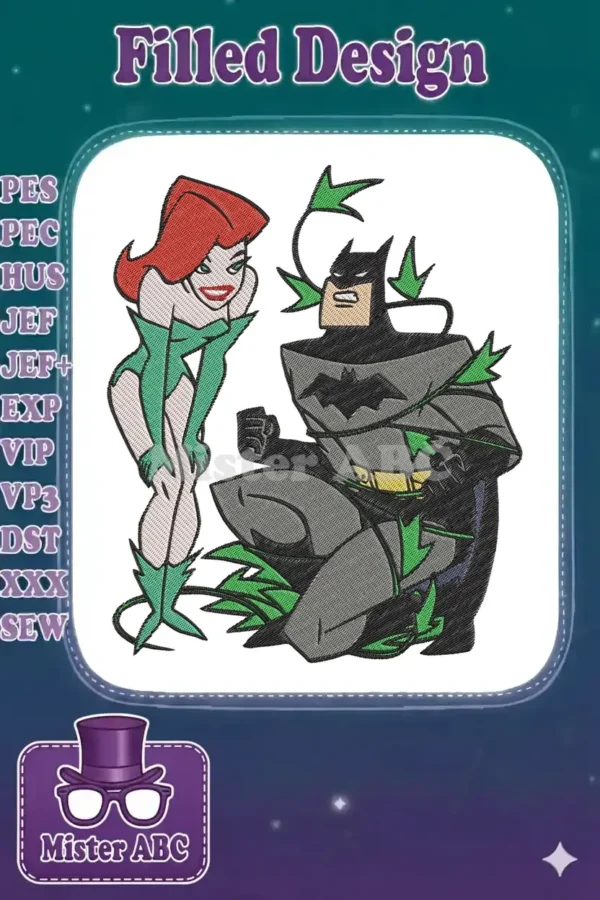 Vibrant machine embroidery design of Batman entangled by green vines with Poison Ivy standing beside him, smiling provocatively.