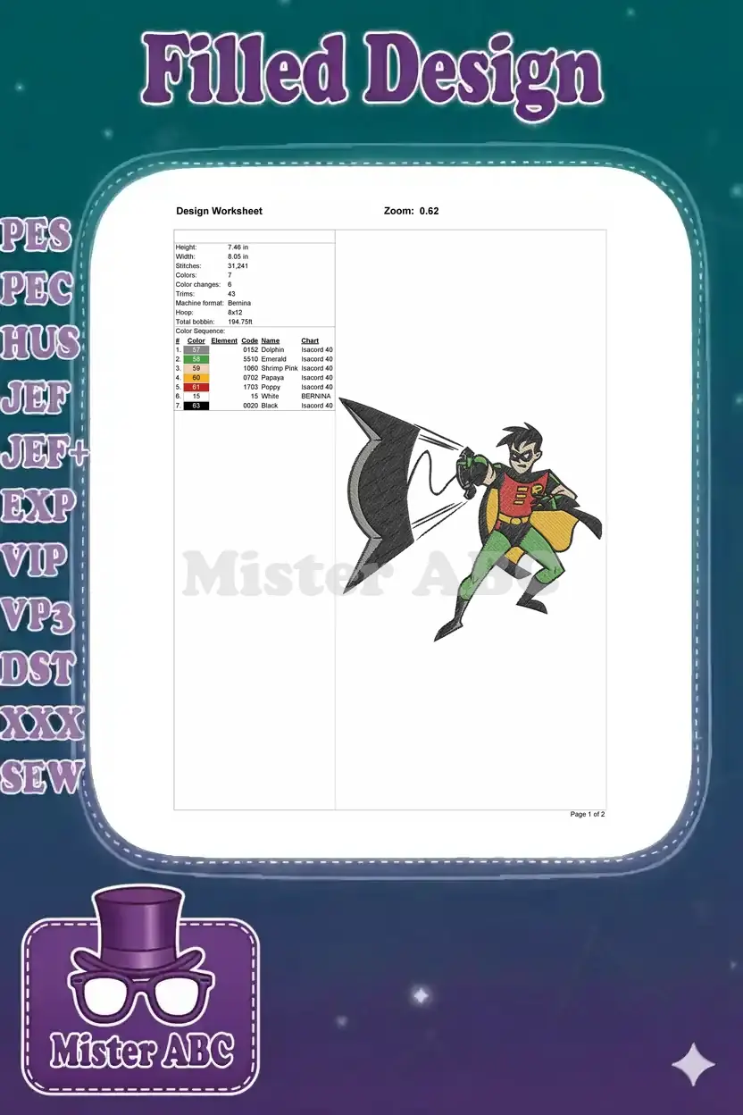 Embroidery design worksheet detailing dimensions, stitch count, color sequence, and machine format for the Robin design.