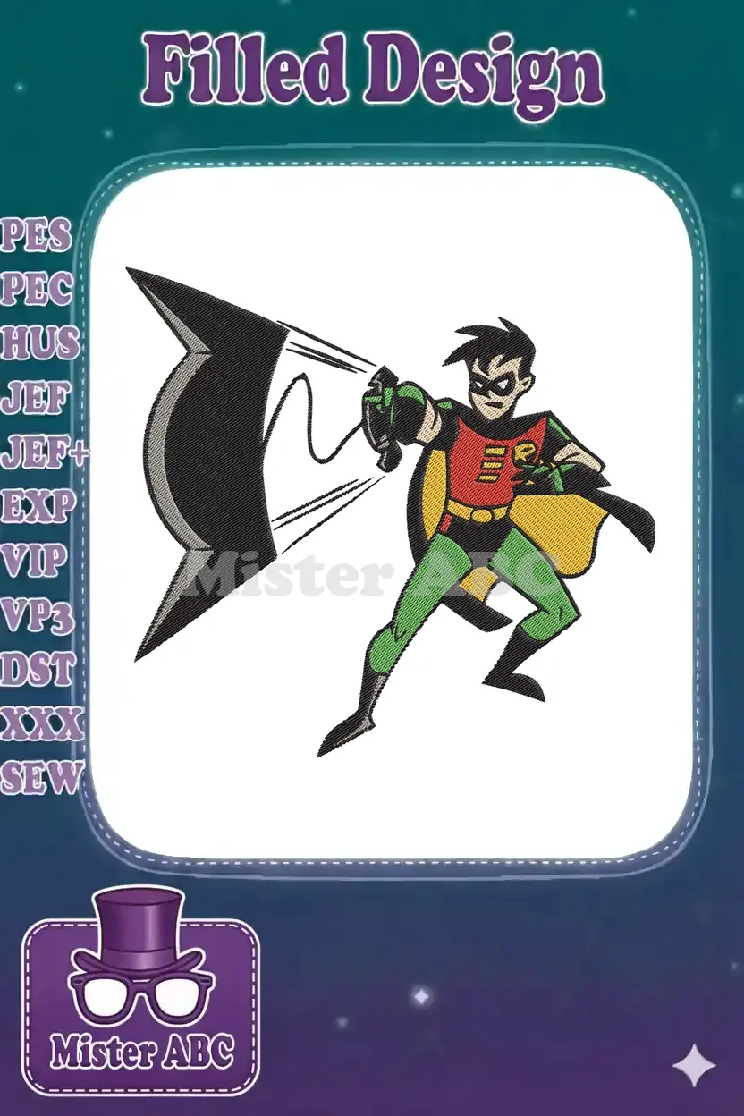 Vibrant embroidery design featuring Robin, the Boy Wonder, in a dynamic action pose throwing a Batarang weapon.