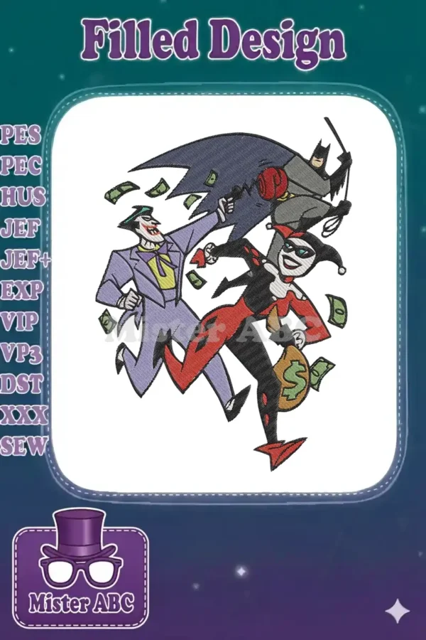 Vibrant embroidery design depicting Batman pursuing Joker and Harley Quinn amidst flying money, showcasing dynamic action.