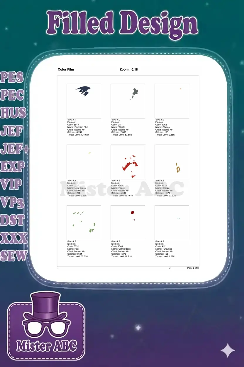 First page of the color film, illustrating the initial embroidery stitch sequences and thread usage for the design.