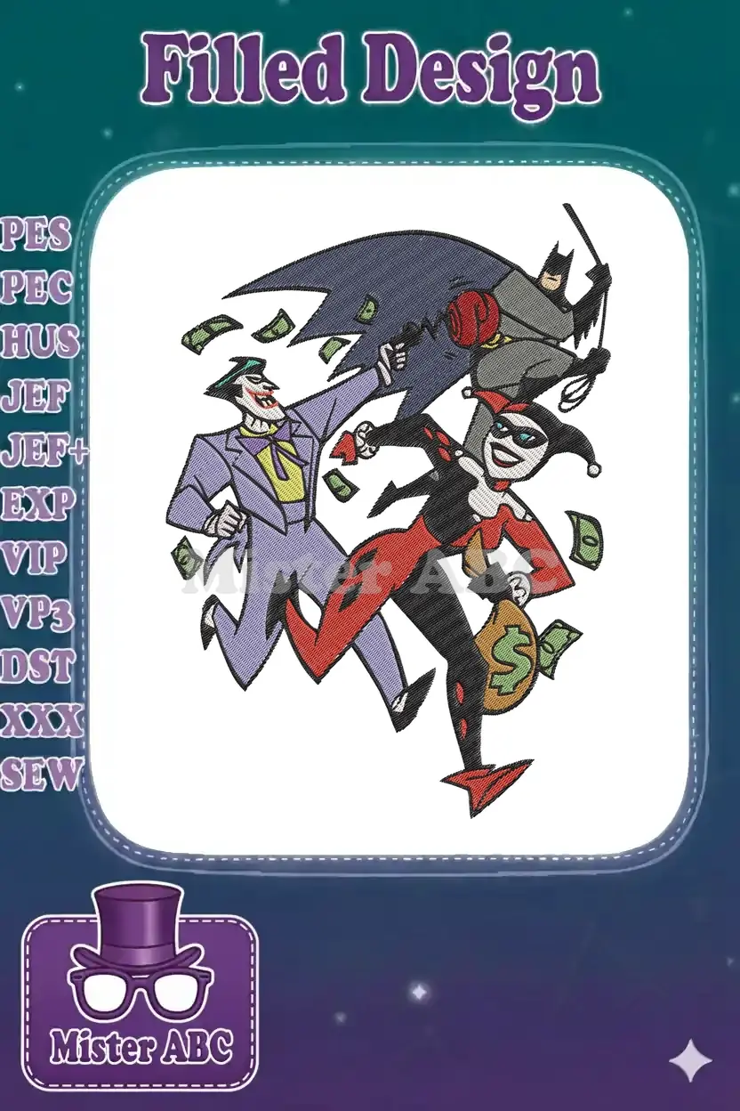 Vibrant embroidery design depicting Batman pursuing Joker and Harley Quinn amidst flying money, showcasing dynamic action.
