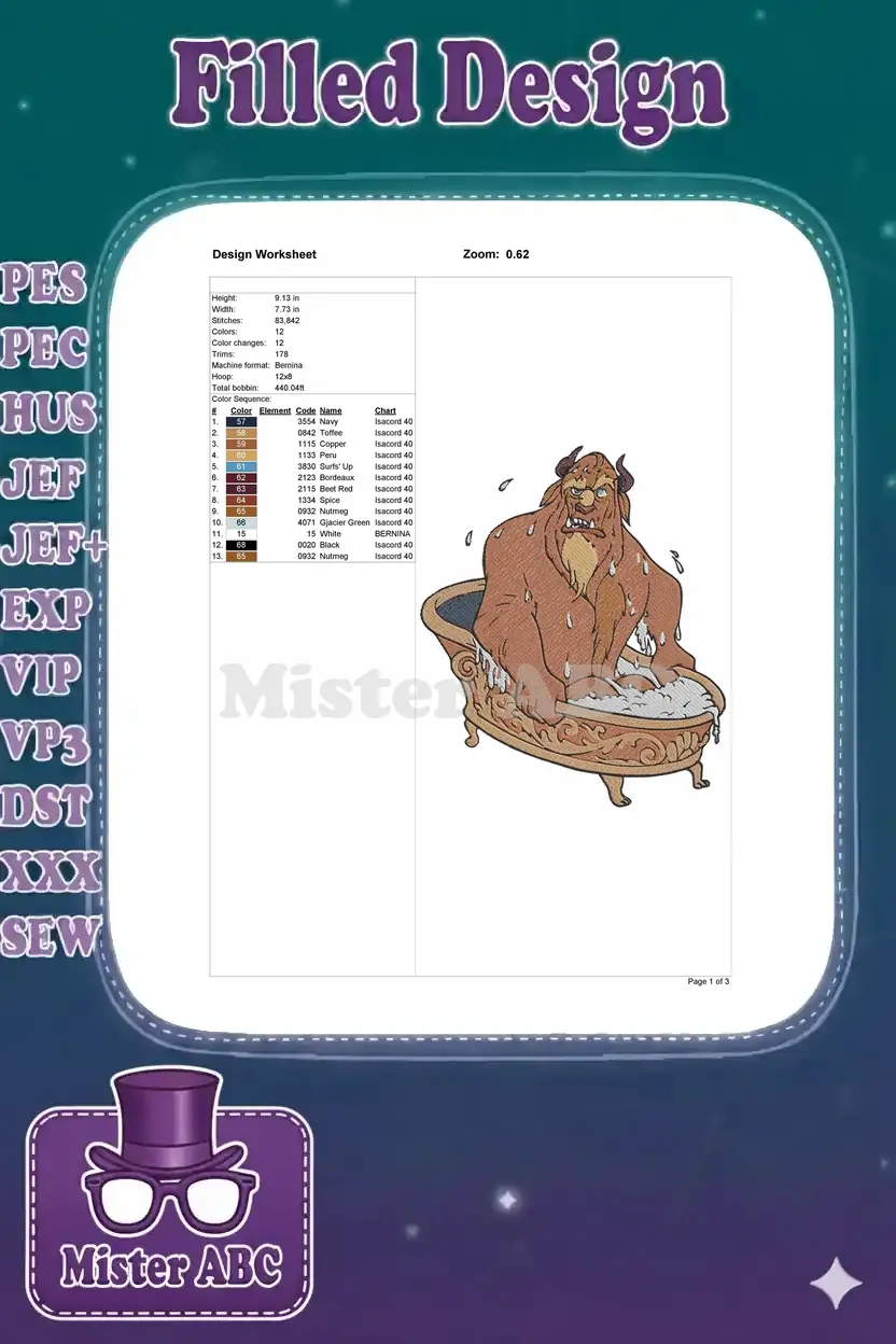 Embroidery design worksheet detailing dimensions, stitch count, color sequence, and machine format.