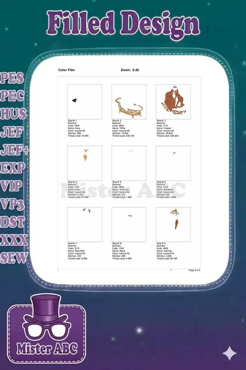 Color film breakdown of the embroidery design, showing the first nine color stops and stitch elements.