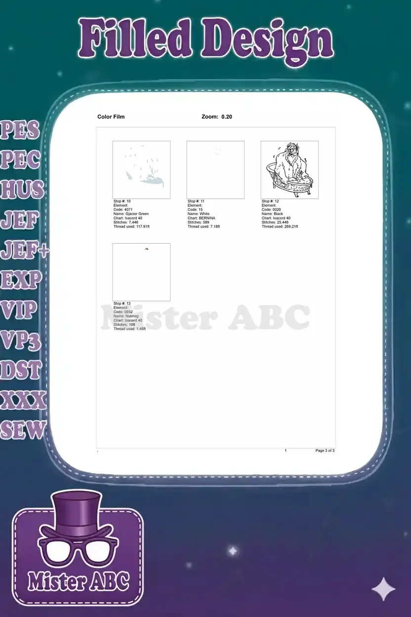 Color film breakdown of the embroidery design, showing the remaining color stops and stitch elements.