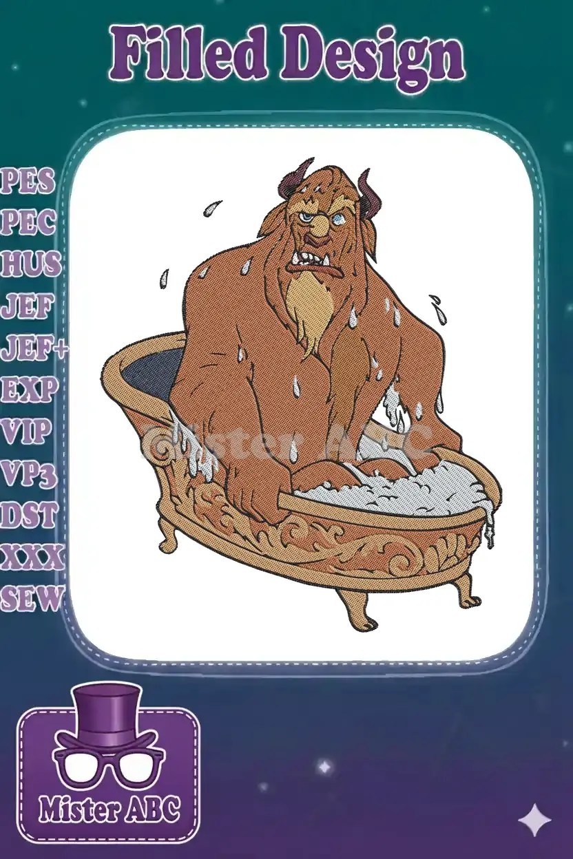 Embroidered design of the Beast from Beauty and the Beast looking grumpy in a bubbly bathtub.