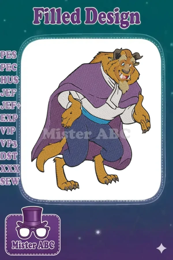 A vibrant embroidery design of the Beast from Beauty and the Beast, walking with a purple cape and blue pants.