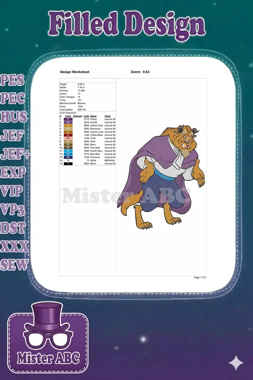 A comprehensive embroidery design worksheet detailing stitch count, dimensions, color sequence, and thread chart.
