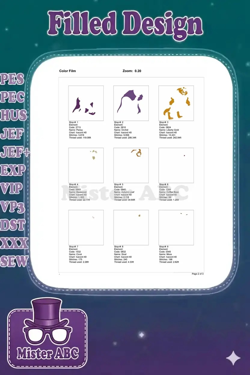 First page of the embroidery color film, illustrating the initial color stops and their respective stitch areas.