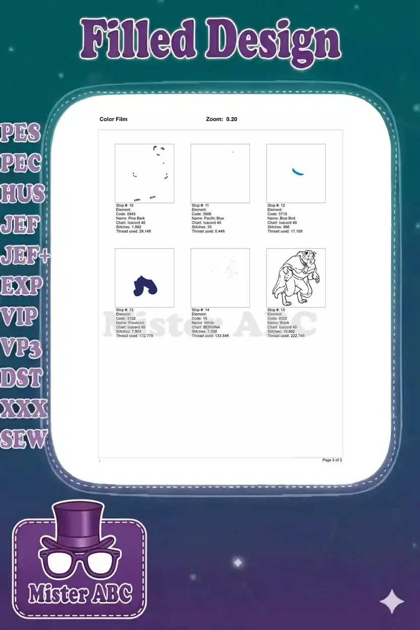 Second page of the color film, showing the remaining color stops and the final design outline by color.