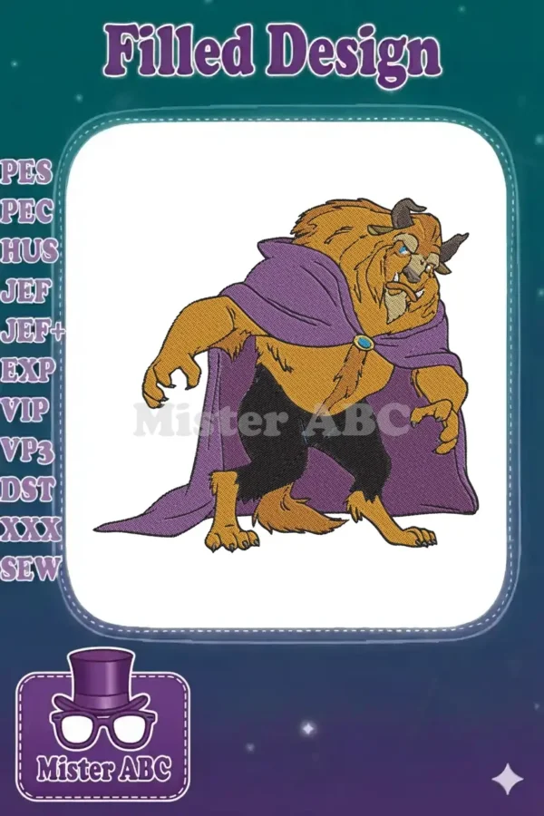 Majestic Beast embroidery design in vibrant purple and gold. Detailed character art for unique textile projects.