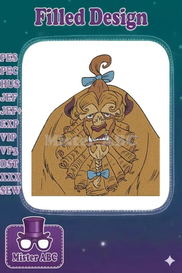 Close-up of a detailed embroidery design featuring the Beast from Beauty and the Beast in his powdered wig.