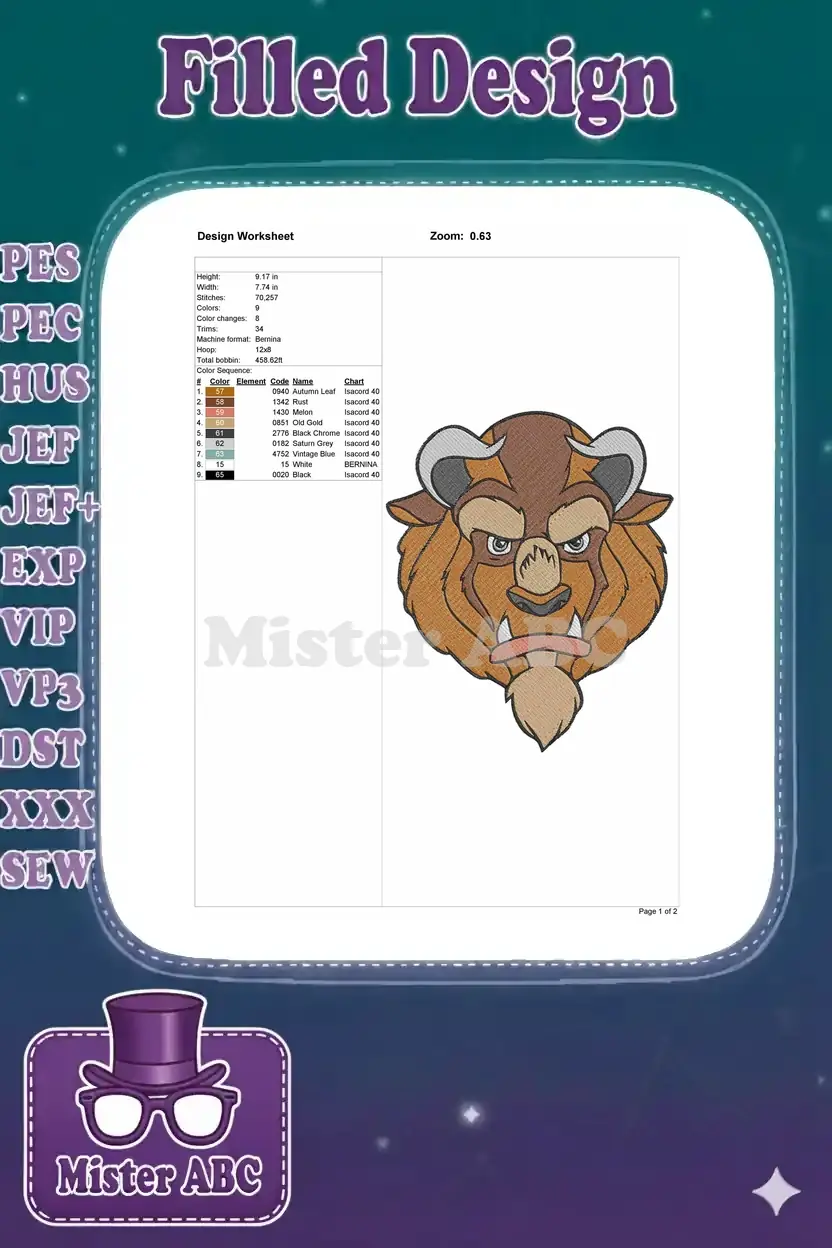 A comprehensive design worksheet displaying the Beast embroidery's dimensions, stitch count, and color sequence.