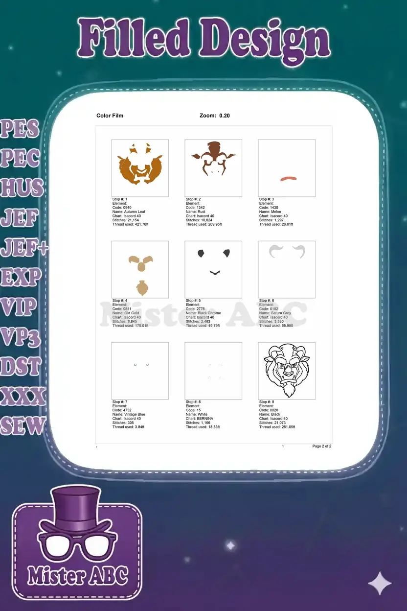 A color film sequence illustrating the step-by-step embroidery process for the Beast design, color by color.