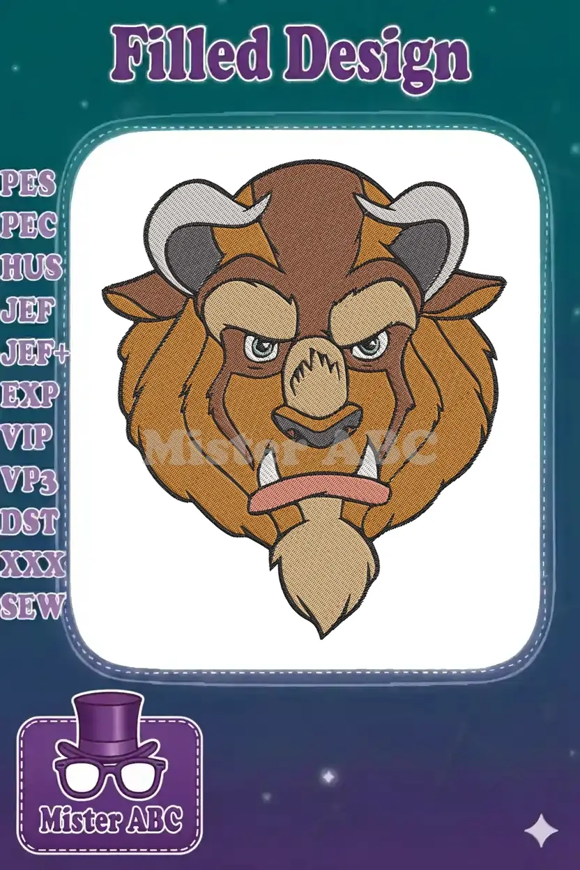 A vibrant, detailed embroidery design of the Beast's face, showcasing his stern expression and rich brown fur.