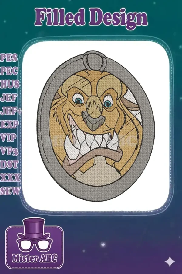 A close-up of a detailed embroidery design featuring Beast from Disney's Beauty and the Beast, snarling within a circular frame.