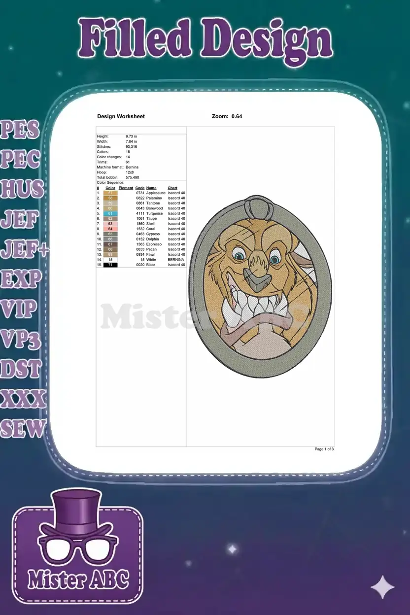 A design worksheet providing comprehensive technical details for the Beast embroidery, including dimensions, stitch count, and color chart.