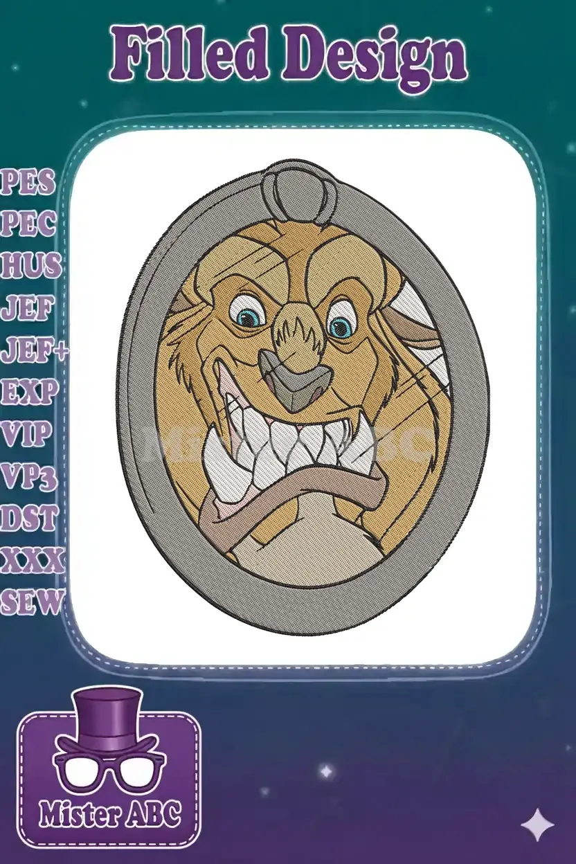 A close-up of a detailed embroidery design featuring Beast from Disney's Beauty and the Beast, snarling within a circular frame.