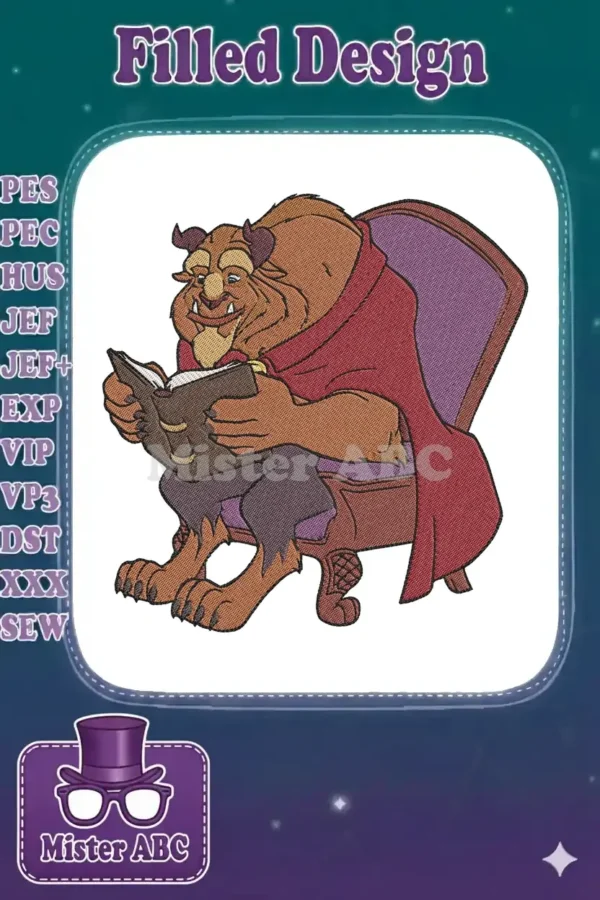 Detailed embroidery design of the Beast from Beauty and the Beast, sitting in an armchair and reading a book.
