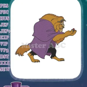 Detailed embroidery of Beast from Beauty and the Beast, in a purple cloak, holding a single red enchanted rose.