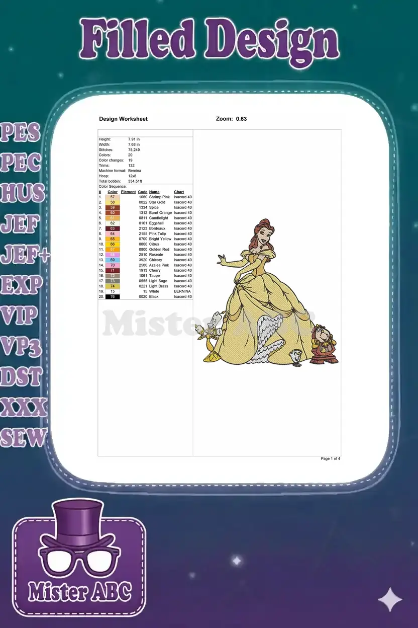 Embroidery design worksheet for Belle and friends, showing stitch count, colors, and thread chart for machine.