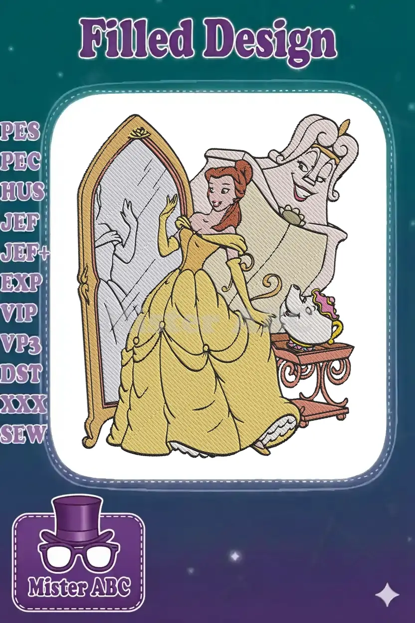 Belle from Beauty and the Beast in her iconic yellow ball gown, gazing into a mirror with Lumiere and Chip nearby.