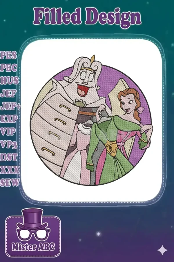 Detailed machine embroidery design of Lumiere presenting dresses to Belle from Beauty and the Beast in a circular frame.