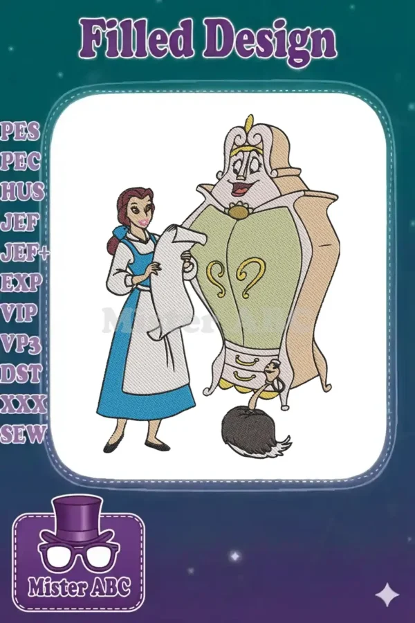 Vibrant embroidery of Belle in her blue dress with Madame de Garderobe, a whimsical Disney-inspired design.