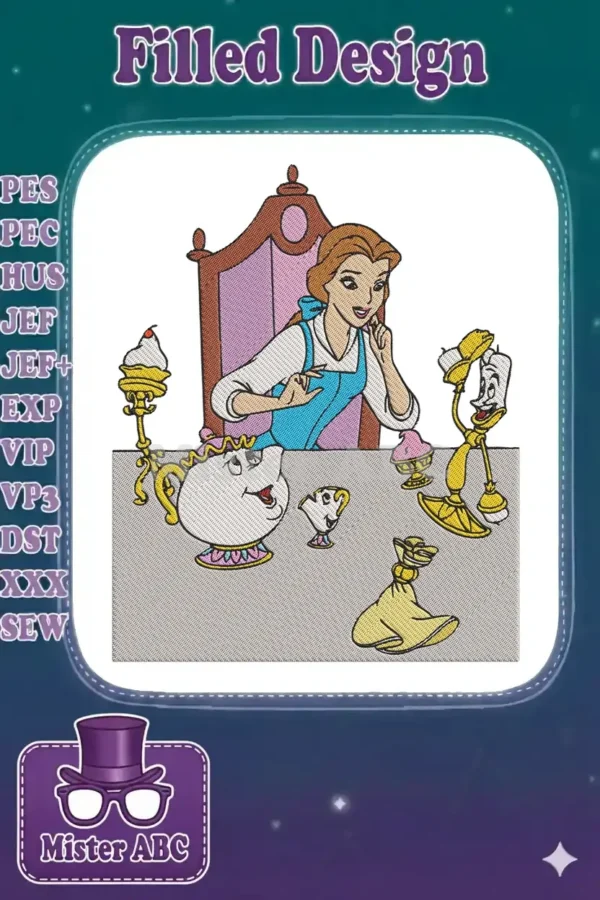 Belle from Beauty and the Beast with Mrs. Potts, Chip, and Lumiere, a vibrant, detailed embroidery design.