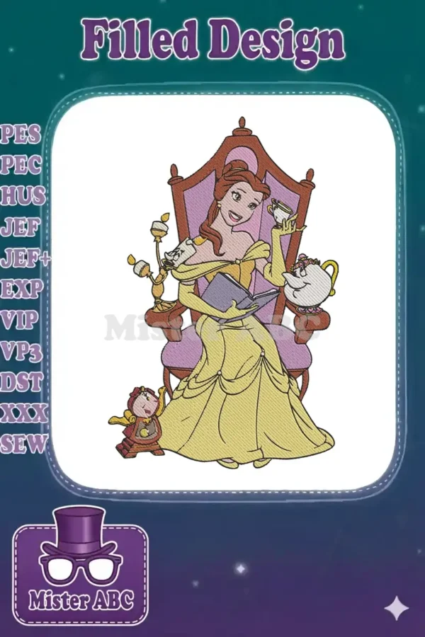 Belle from Beauty and the Beast seated on a purple throne, reading, with Chip, Mrs. Potts, and Lumiere.