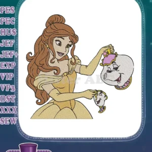Belle from Beauty and the Beast in her yellow gown, holding Mrs. Potts and Chip as an embroidery design.