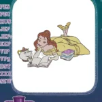 Disney Princess Belle with Mrs Potts and Chip Reading Embroidery Designs - Instant Download