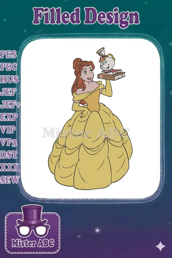 Full-body embroidery design of Disney's Belle in her iconic yellow gown, holding Mrs. Potts and Chip on books.