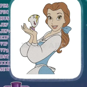 An embroidery design featuring Belle from Beauty and the Beast, gently holding the enchanted teacup, Chip, with a warm smile.