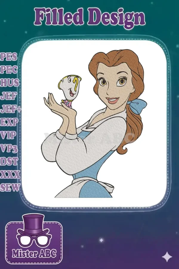 An embroidery design featuring Belle from Beauty and the Beast, gently holding the enchanted teacup, Chip, with a warm smile.