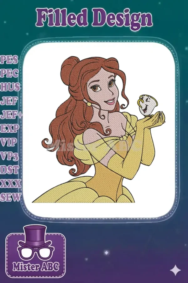 High-quality digital embroidery design of Princess Belle from Beauty and the Beast, tenderly holding Chip, showcasing vibrant colors.
