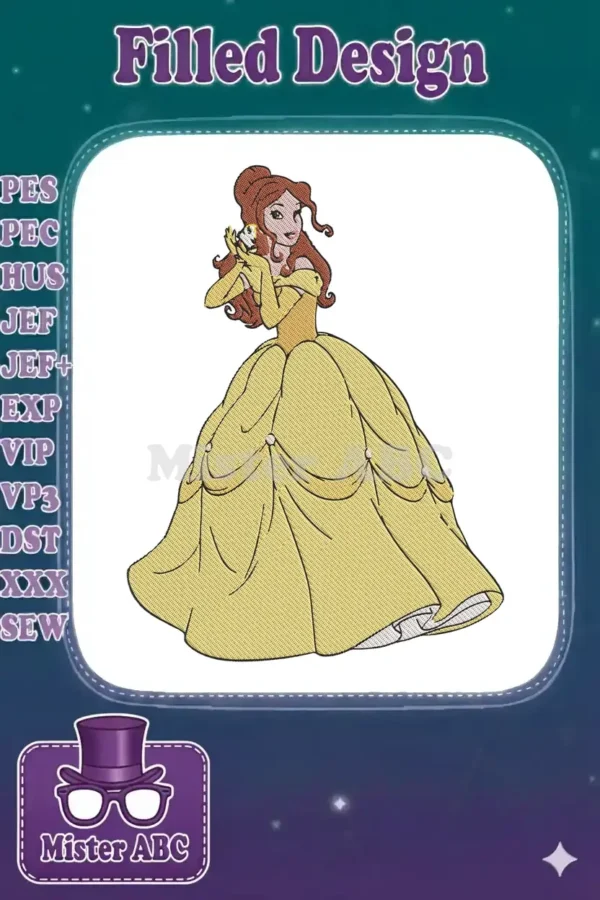 A beautiful machine embroidery design of Princess Belle from Beauty and the Beast in her signature yellow ball gown.