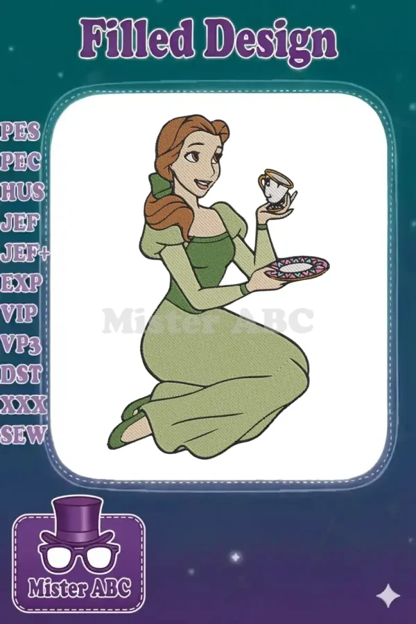 Embroidery design of Princess Belle from Beauty and the Beast in a green dress, holding Chip the teacup.