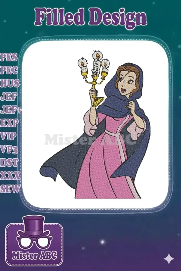 Belle from Beauty and the Beast in a pink dress and blue cloak, holding Lumière, a smiling candelabra.
