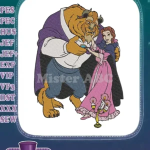 Vibrant embroidery of Belle and the Beast dancing, capturing their iconic fairytale moment with Lumiere nearby.