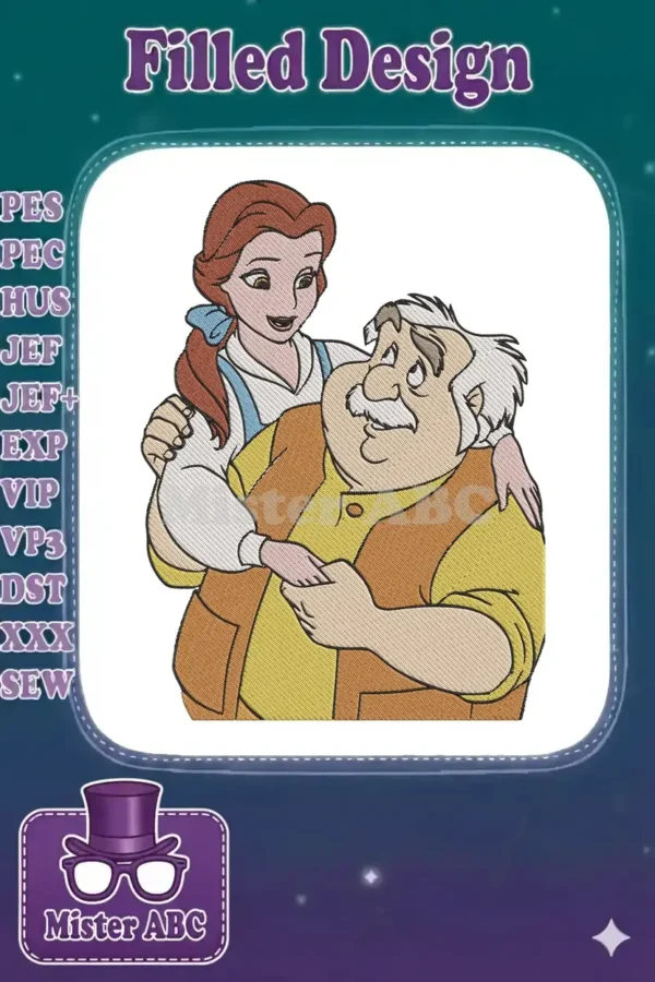 Belle and Maurice from Disney's Beauty and the Beast in a warm embrace, showcasing a detailed embroidery design.