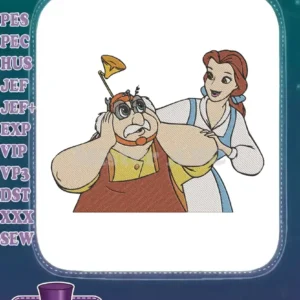A detailed embroidery design of Disney's Belle comforting her father Maurice, who wears a whimsical invention on his head.