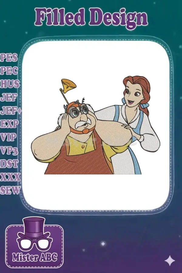 A detailed embroidery design of Disney's Belle comforting her father Maurice, who wears a whimsical invention on his head.